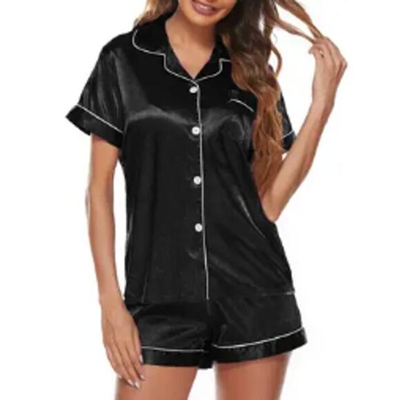 Womens Silk Satin Pajamas Set Loungewear Button-Down Pj Sets (Black) - Picture 1 of 2